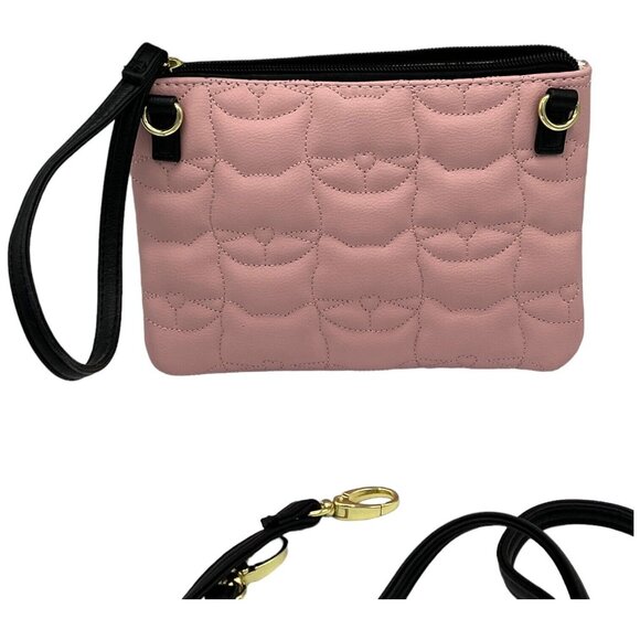 Betsey Johnson Quilted Rose Pink Kitty Cat Wristlet Clutch Bag Detach 48" Strap - Picture 6 of 10